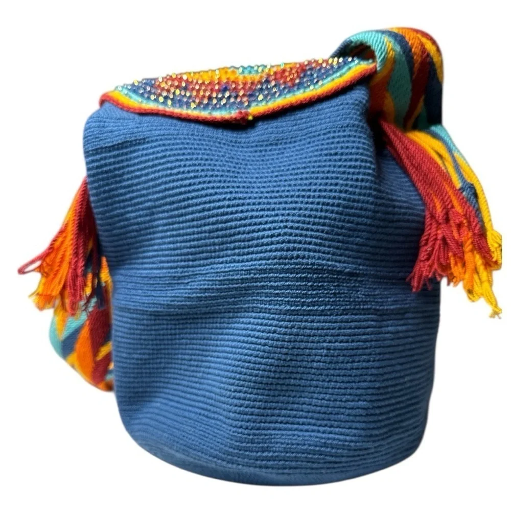Wayuu Crystal Medallion Crochet Pom Pom Bag Flap Top